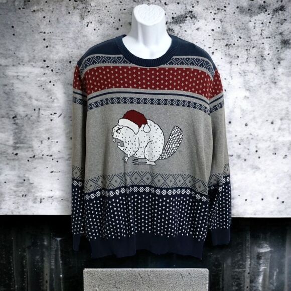 DULUTH TRADING Angry Beaver Sweater Sz 3XL Fair Isle Sweater Colorful Red Blue. - Picture 1 of 13